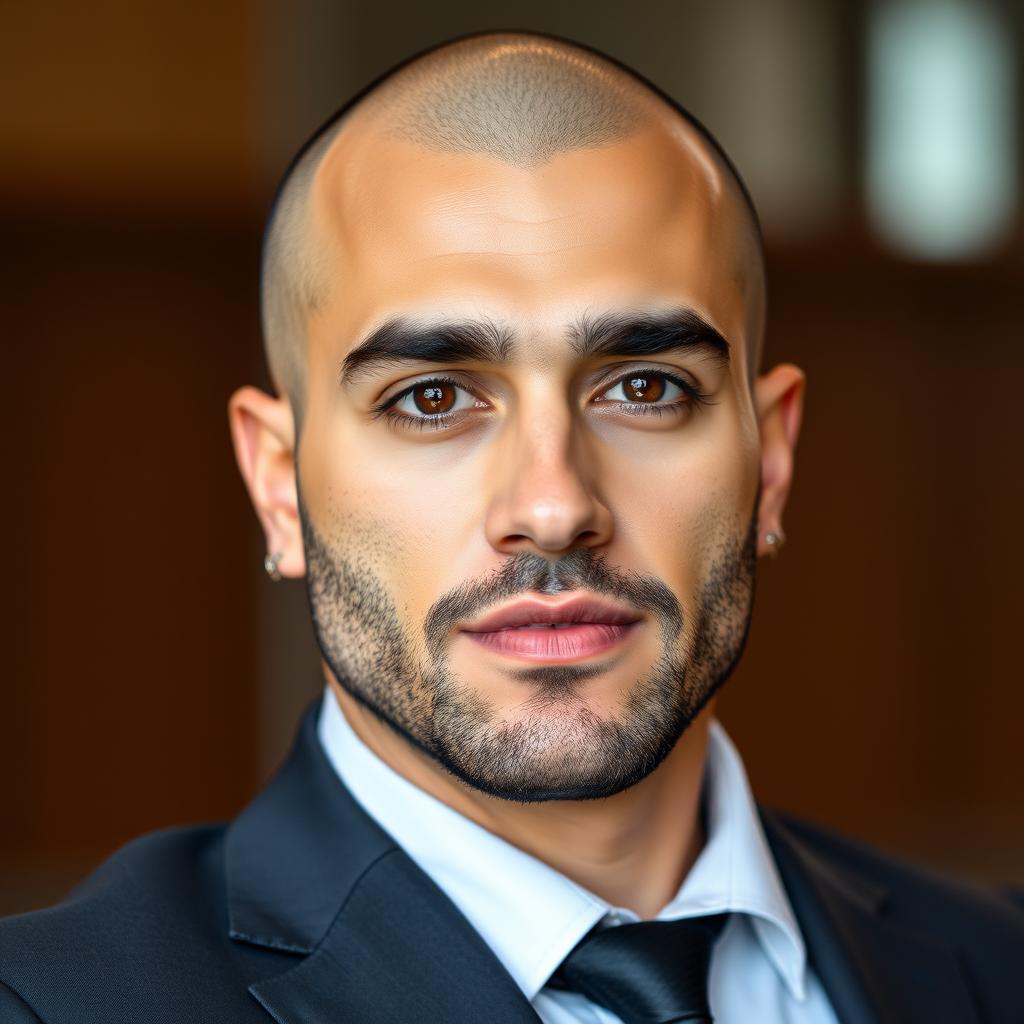 An attractive Iranian male judge with strong masculine features including defined lips and a prominent jawline