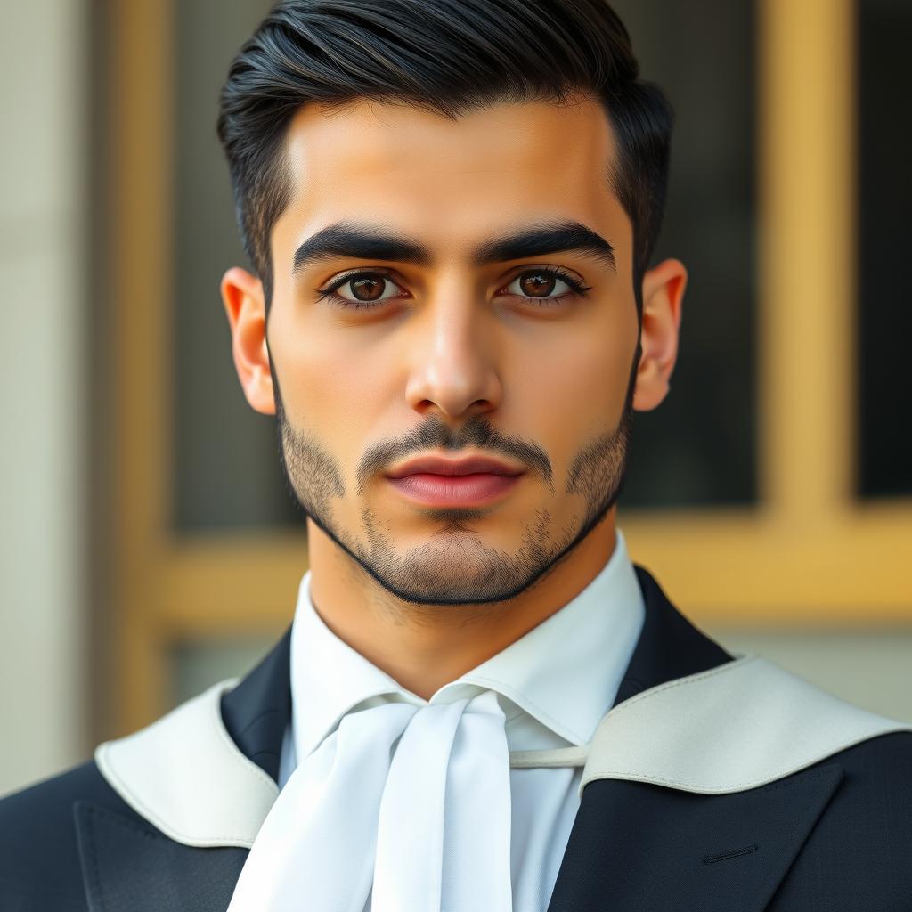 A handsome and attractive Iranian male judge, featuring a defined masculine jawline, straight and sleek hair, a well-groomed black stubble, deep black eyes, and a wheatish skin tone