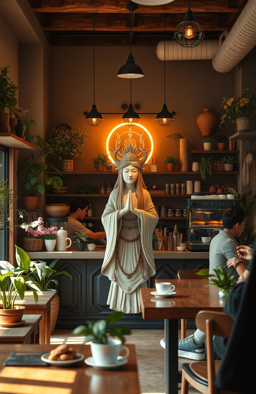 A cozy café interior designed to feel warm and inviting, featuring a charming counter where a mystical figure resembling a deity stands, embodying the essence of inspiration and creativity