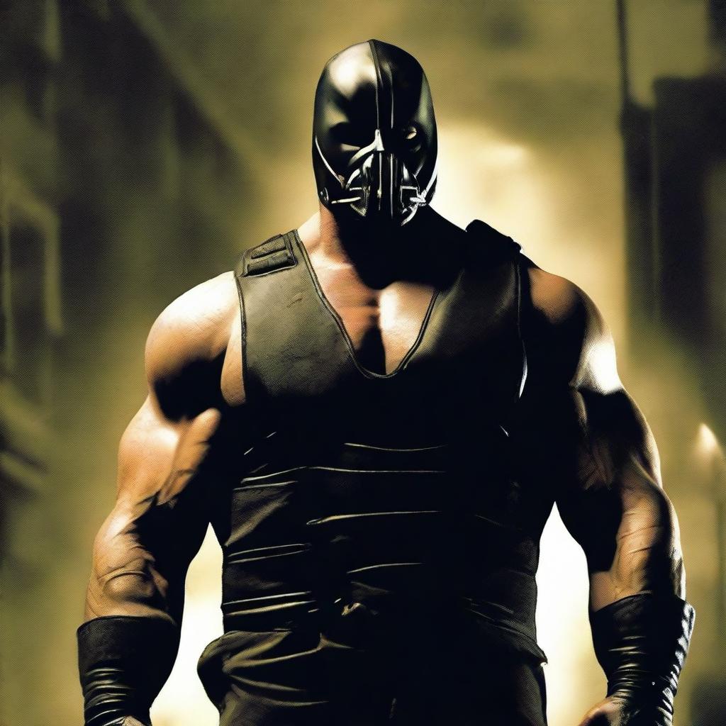 A menacing image of Bane from the Dark Knight Rises movie, wearing a black vest, muscular physique, and his signature mask. He stands in a dimly lit, ominous setting.