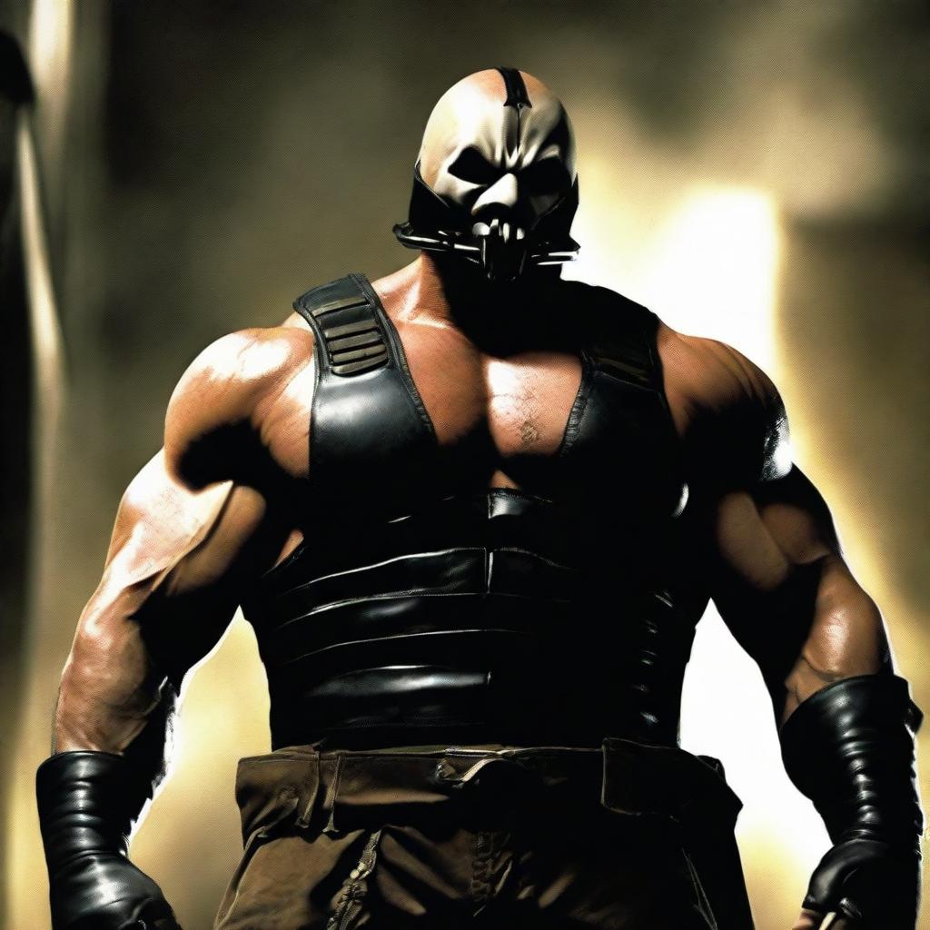 A menacing image of Bane from the Dark Knight Rises movie, wearing a black vest, muscular physique, and his signature mask. He stands in a dimly lit, ominous setting.