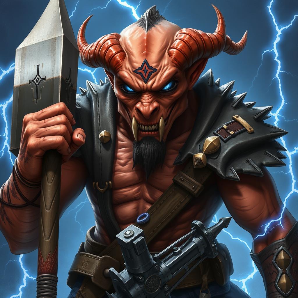 A draconid man with bronze-colored skin and intimidating blue eyes, featuring a scar on the right side of his mouth that reveals his sharp teeth