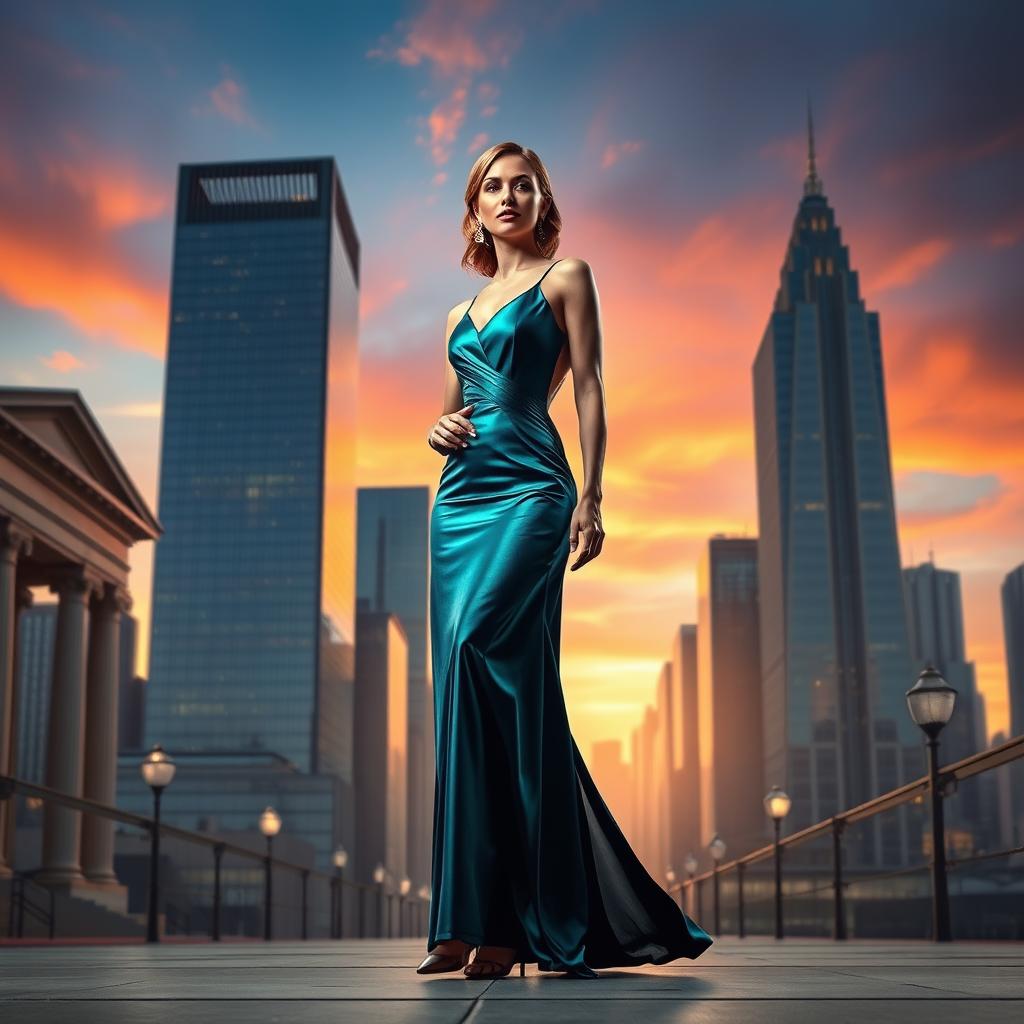 A dynamic composition embodying the theme 'Timeless Elegance Meets Modern Power', featuring an elegantly dressed woman in a flowing evening gown, standing confidently in a contemporary cityscape