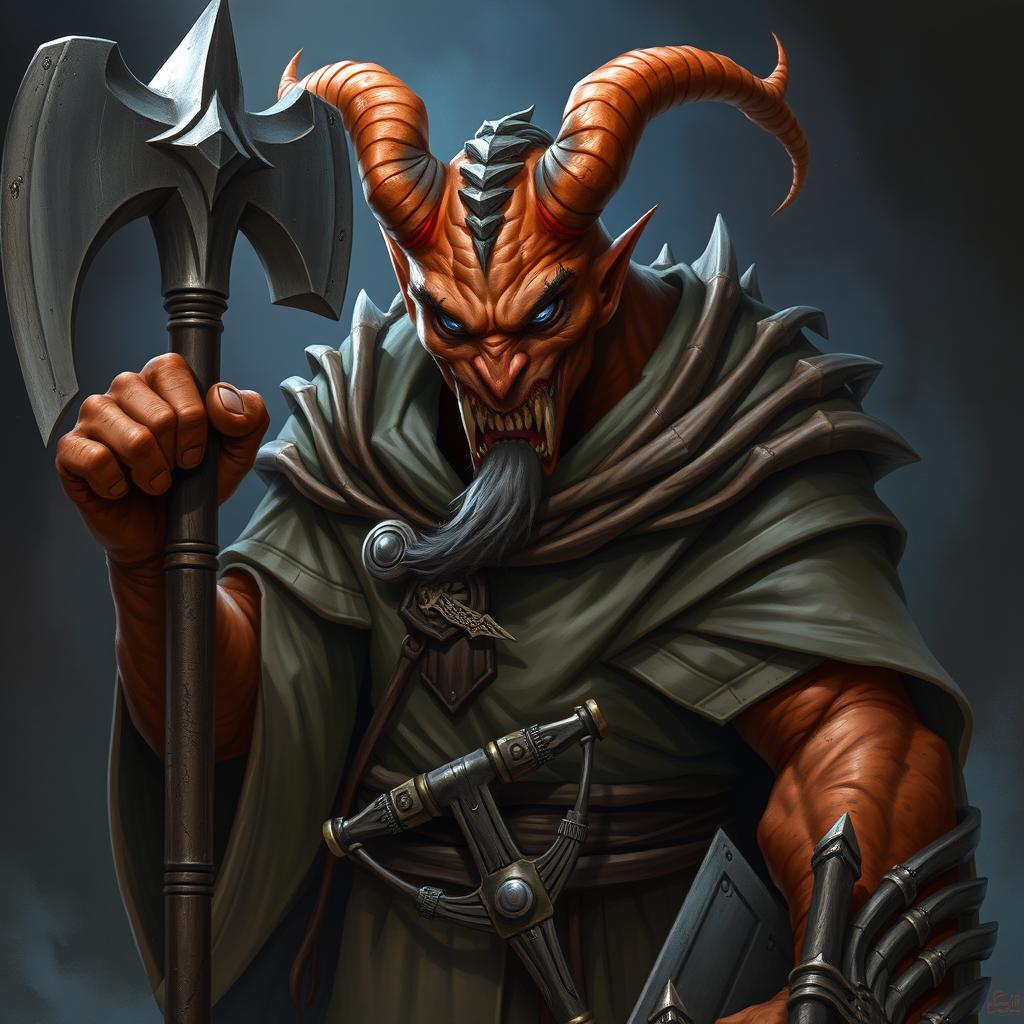 A fearsome draconid man with bronze-colored skin and piercing blue eyes, exuding an intimidating presence