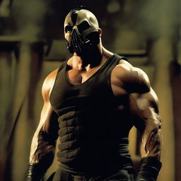 A menacing image of Bane from the Dark Knight Rises movie, wearing a black vest, muscular physique, and his signature mask. He stands in a dimly lit, ominous setting.