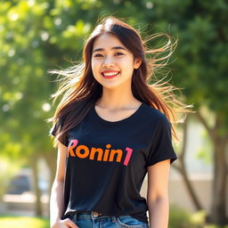 A young woman standing confidently, wearing a stylish t-shirt featuring the bold text "Ronin13" in an eye-catching font