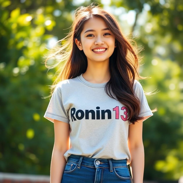 A young woman standing confidently, wearing a stylish t-shirt featuring the bold text "Ronin13" in an eye-catching font