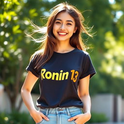 A young woman standing confidently, wearing a stylish t-shirt featuring the bold text "Ronin13" in an eye-catching font