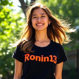 A young woman standing confidently, wearing a stylish t-shirt featuring the bold text "Ronin13" in an eye-catching font