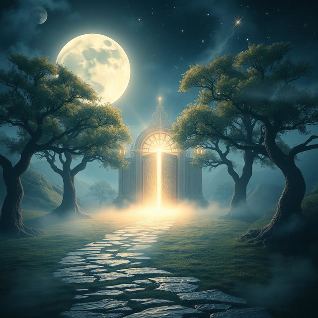 A dramatic and mystical scene depicting a powerful, ethereal prayer that opens doors to the spiritual world