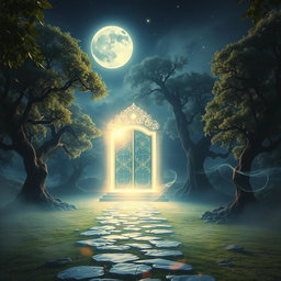 A dramatic and mystical scene depicting a powerful, ethereal prayer that opens doors to the spiritual world