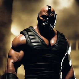 A menacing image of Bane from the Dark Knight Rises movie, wearing a black vest, muscular physique, and his signature mask. He stands in a dimly lit, ominous setting.