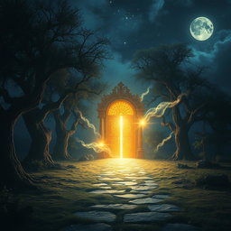 A dramatic and mystical scene depicting a powerful, ethereal prayer that opens doors to the spiritual world