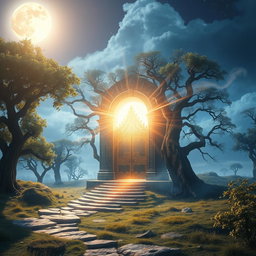 A dramatic and mystical scene depicting a powerful, ethereal prayer that opens doors to the spiritual world
