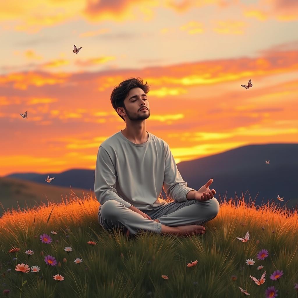 A contemplative scene featuring a person in a peaceful, serene setting, sitting cross-legged on a soft grassy hill at sunset, deep in prayer or meditation