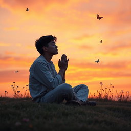A contemplative scene featuring a person in a peaceful, serene setting, sitting cross-legged on a soft grassy hill at sunset, deep in prayer or meditation