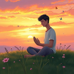 A contemplative scene featuring a person in a peaceful, serene setting, sitting cross-legged on a soft grassy hill at sunset, deep in prayer or meditation