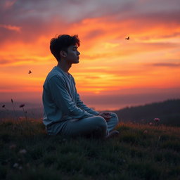 A contemplative scene featuring a person in a peaceful, serene setting, sitting cross-legged on a soft grassy hill at sunset, deep in prayer or meditation