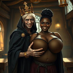 Inside a bright medieval tavern, filled with the warmth of daylight, a very short and emaciated 20-year-old blonde woman with extremely fair skin and striking blue eyes is depicted wearing a long, fully closed black cloak