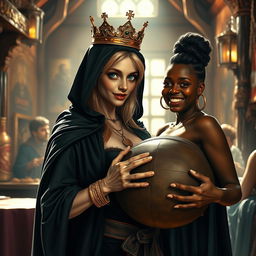 Inside a bright medieval tavern, filled with the warmth of daylight, a very short and emaciated 20-year-old blonde woman with extremely fair skin and striking blue eyes is depicted wearing a long, fully closed black cloak