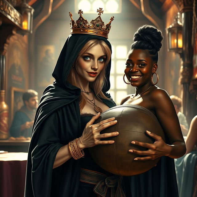 Inside a bright medieval tavern, filled with the warmth of daylight, a very short and emaciated 20-year-old blonde woman with extremely fair skin and striking blue eyes is depicted wearing a long, fully closed black cloak