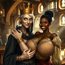 Inside a bright medieval tavern, filled with the warmth of daylight, a very short and emaciated 20-year-old blonde woman with extremely fair skin and striking blue eyes is depicted wearing a long, fully closed black cloak