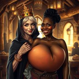 Inside a bright medieval tavern, filled with the warmth of daylight, a very short and emaciated 20-year-old blonde woman with extremely fair skin and striking blue eyes is depicted wearing a long, fully closed black cloak