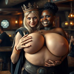 In a vibrant Norse mythology tavern, a very short and emaciated 20-year-old blonde woman with extremely fair skin and striking blue eyes is depicted wearing a long, fully closed black cloak