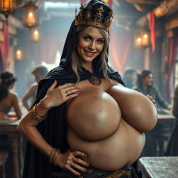 In a vibrant Norse mythology tavern, a very short and emaciated 20-year-old blonde woman with extremely fair skin and striking blue eyes is depicted wearing a long, fully closed black cloak