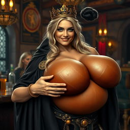 In a vibrant Norse mythology tavern, a very short and emaciated 20-year-old blonde woman with extremely fair skin and striking blue eyes is depicted wearing a long, fully closed black cloak