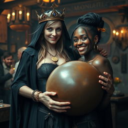 In a lively Norse mythology tavern, a very short and emaciated 20-year-old blonde woman with extremely fair skin and striking blue eyes is portrayed wearing a long, fully closed black cloak