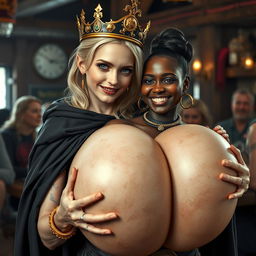 In a lively Norse mythology tavern, a very short and emaciated 20-year-old blonde woman with extremely fair skin and striking blue eyes is portrayed wearing a long, fully closed black cloak