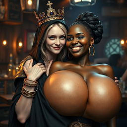 In a lively Norse mythology tavern, a very short and emaciated 20-year-old blonde woman with extremely fair skin and striking blue eyes is portrayed wearing a long, fully closed black cloak