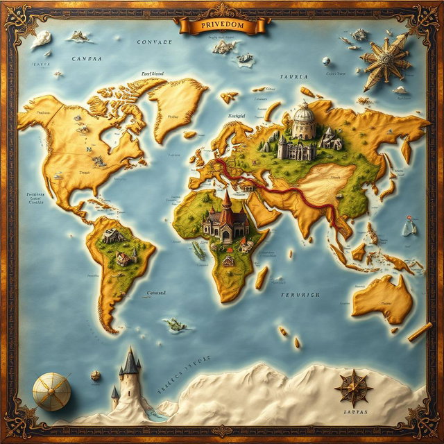 A beautifully crafted map featuring three distinct continents