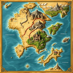 A beautifully crafted map featuring three distinct continents