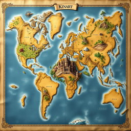 A beautifully crafted map featuring three distinct continents