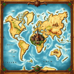 A beautifully crafted map featuring three distinct continents