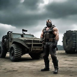 Bane, from the Dark Knight Rises movie, standing next to a menacing, armored vehicle under an overcast sky. He's wearing his signature mask and vest, ready to go mobile.