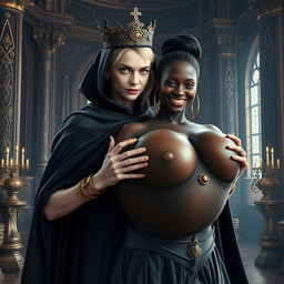 In a majestic Norse mythology palace, a very short and emaciated 20-year-old blonde woman with extremely fair skin and striking blue eyes is depicted wearing a long, fully closed black cloak