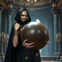 In a majestic Norse mythology palace, a very short and emaciated 20-year-old blonde woman with extremely fair skin and striking blue eyes is depicted wearing a long, fully closed black cloak