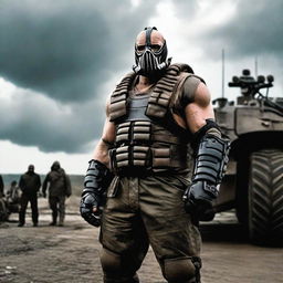 Bane, from the Dark Knight Rises movie, standing next to a menacing, armored vehicle under an overcast sky. He's wearing his signature mask and vest, ready to go mobile.