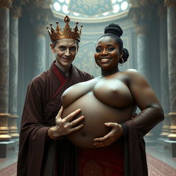 In a grand Norse mythology palace, a very short and emaciated 20-year-old blonde woman with extremely fair skin and striking blue eyes is depicted wearing a long, fully closed Buddhist robe