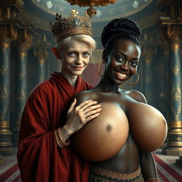 In a grand palace of Norse mythology, a very short and emaciated 20-year-old blonde woman with extremely fair skin and striking blue eyes is depicted wearing a long, fully closed Buddhist robe