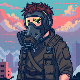 Pixel art of a man wearing a gas mask, showcasing intricate details in the mask design and the character's features, with a colorful background that gives a sense of an apocalyptic or dystopian atmosphere