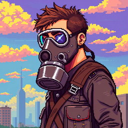 Pixel art of a man wearing a gas mask, showcasing intricate details in the mask design and the character's features, with a colorful background that gives a sense of an apocalyptic or dystopian atmosphere