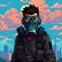 Pixel art of a man wearing a gas mask, showcasing intricate details in the mask design and the character's features, with a colorful background that gives a sense of an apocalyptic or dystopian atmosphere