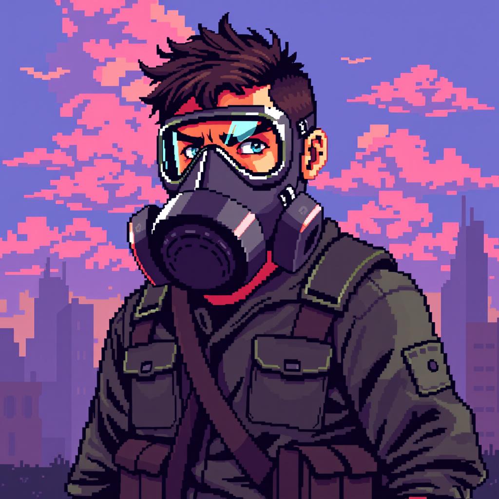 Pixel art of a man wearing a gas mask, showcasing intricate details in the mask design and the character's features, with a colorful background that gives a sense of an apocalyptic or dystopian atmosphere