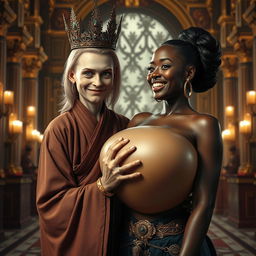 In a grand palace of Norse mythology, a very short and emaciated 20-year-old blonde woman with extremely fair skin and striking blue eyes is depicted wearing a long, fully closed Buddhist robe