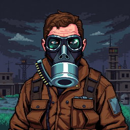 Pixel art of a man wearing a gas mask, featuring detailed pixelated textures that highlight the gas mask's features and the rugged characteristics of the man