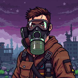 Pixel art of a man wearing a gas mask, featuring detailed pixelated textures that highlight the gas mask's features and the rugged characteristics of the man